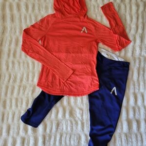 Red Hooded Top and Blue Leggings Set